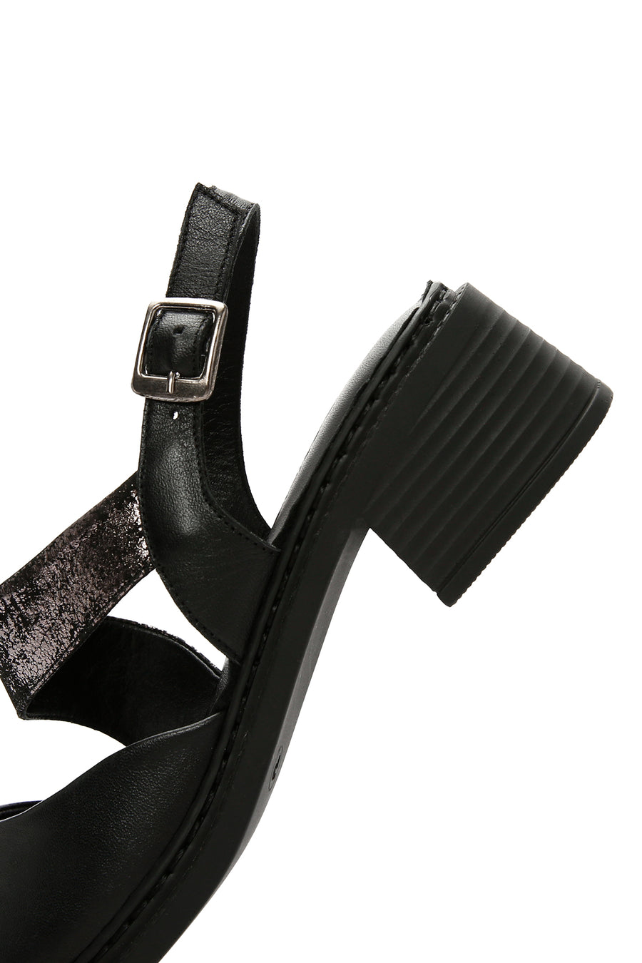 Women's Black Thick Short Heeled Leather Sandals with Ankle Strap