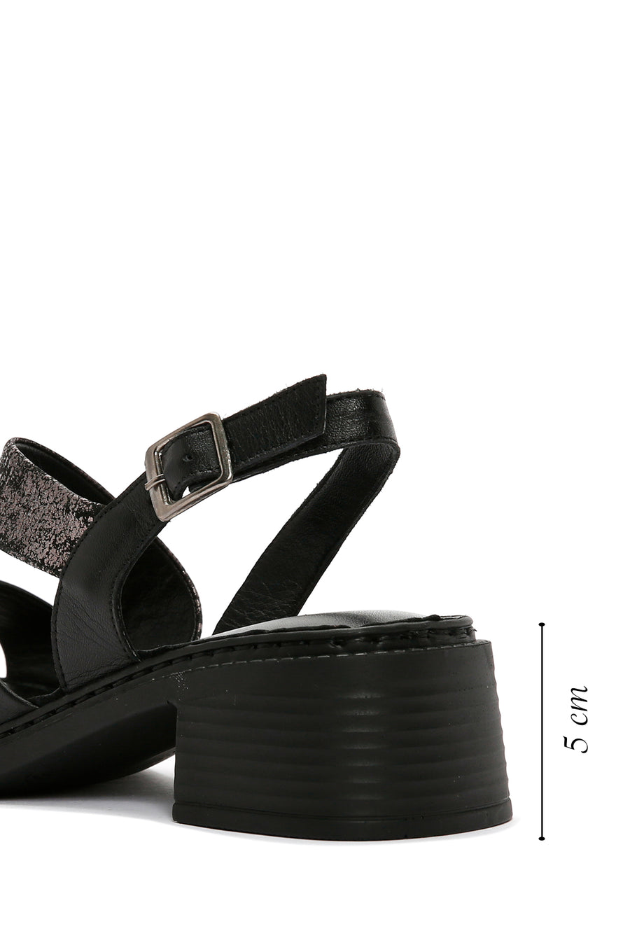Women's Black Thick Short Heeled Leather Sandals with Ankle Strap