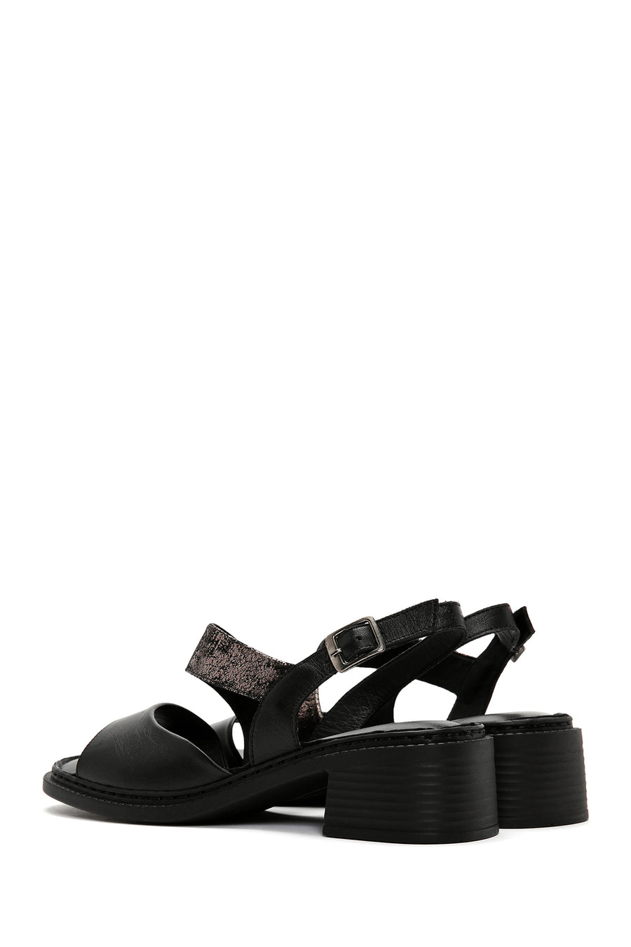 Women's Black Thick Short Heeled Leather Sandals with Ankle Strap