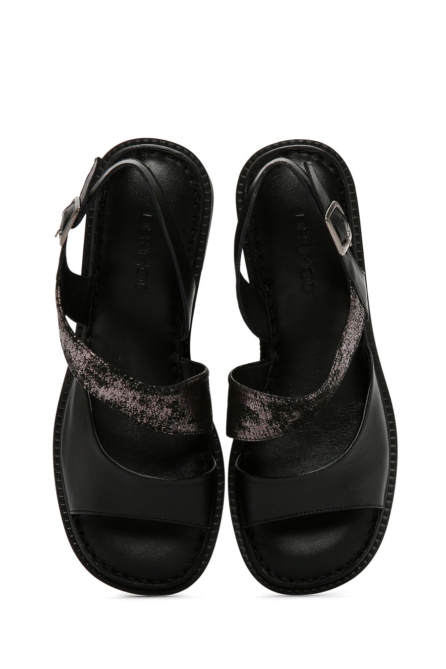 Women's Black Thick Short Heeled Leather Sandals with Ankle Strap