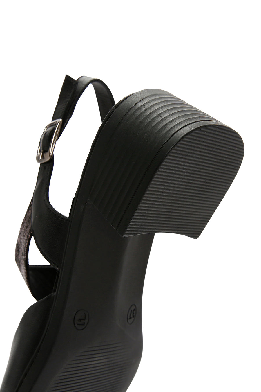 Women's Black Thick Short Heeled Leather Sandals with Ankle Strap