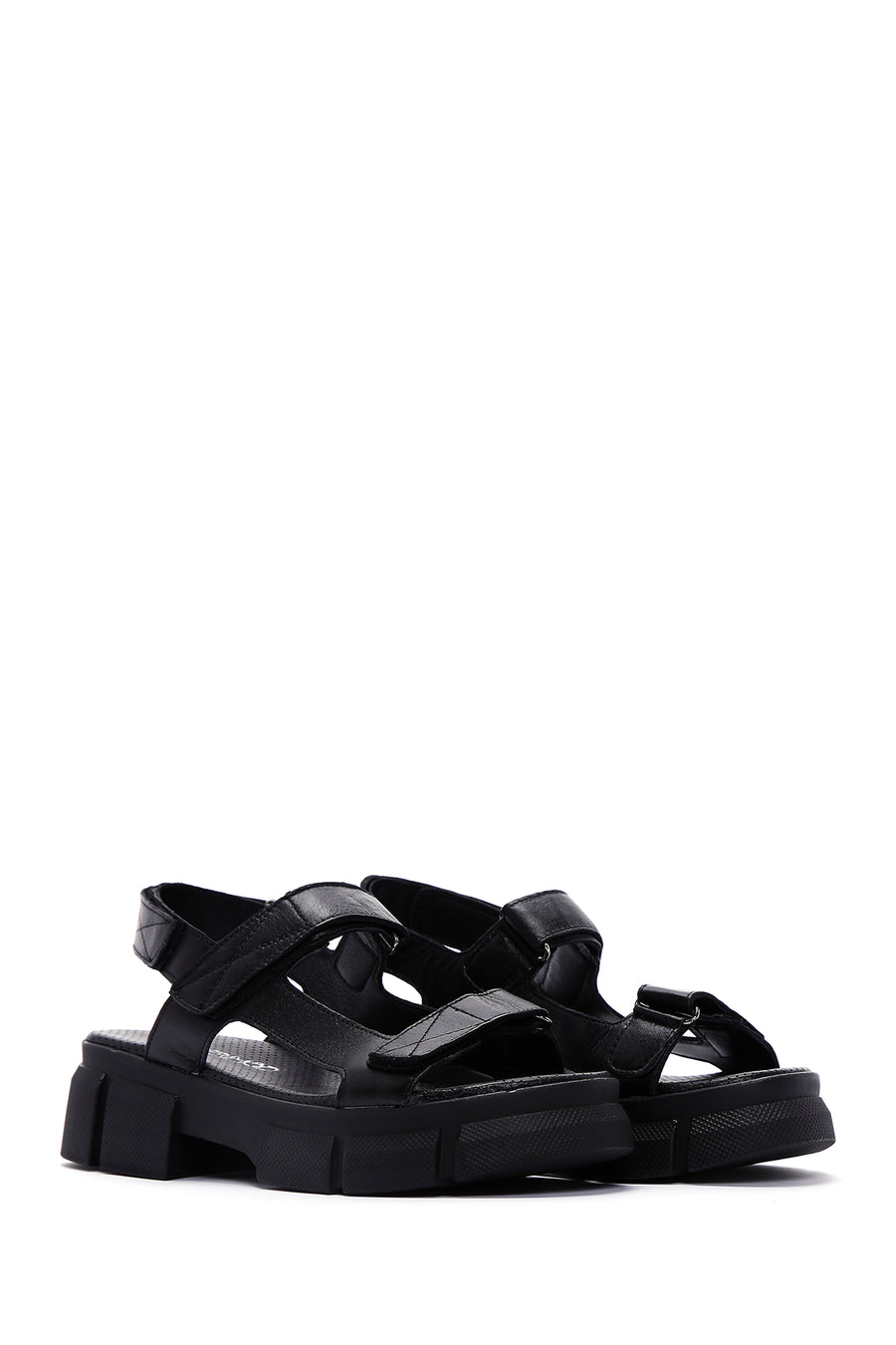 Women's Black Strappy Thick-Sole Leather Sandals