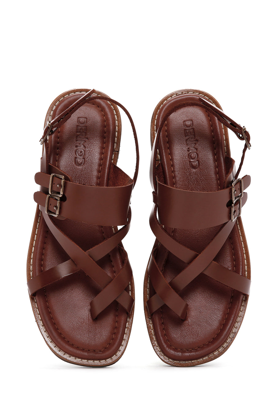 Women's Tan Ankle Strap Flip Flop Leather Comfort Sandals