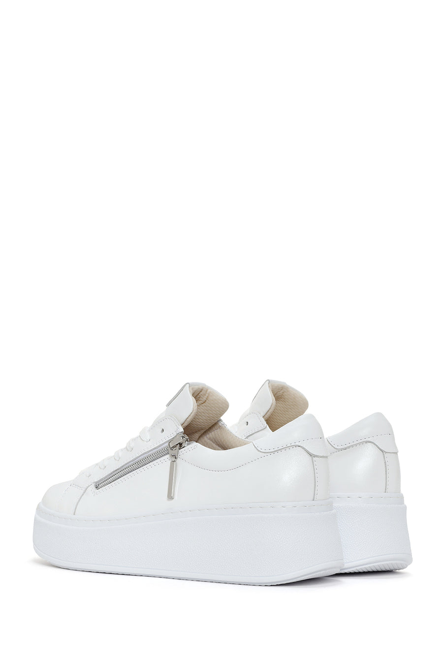 Kadın Beyaz Kalın Tabanlı Yandan Fermuarlı Deri Sneaker