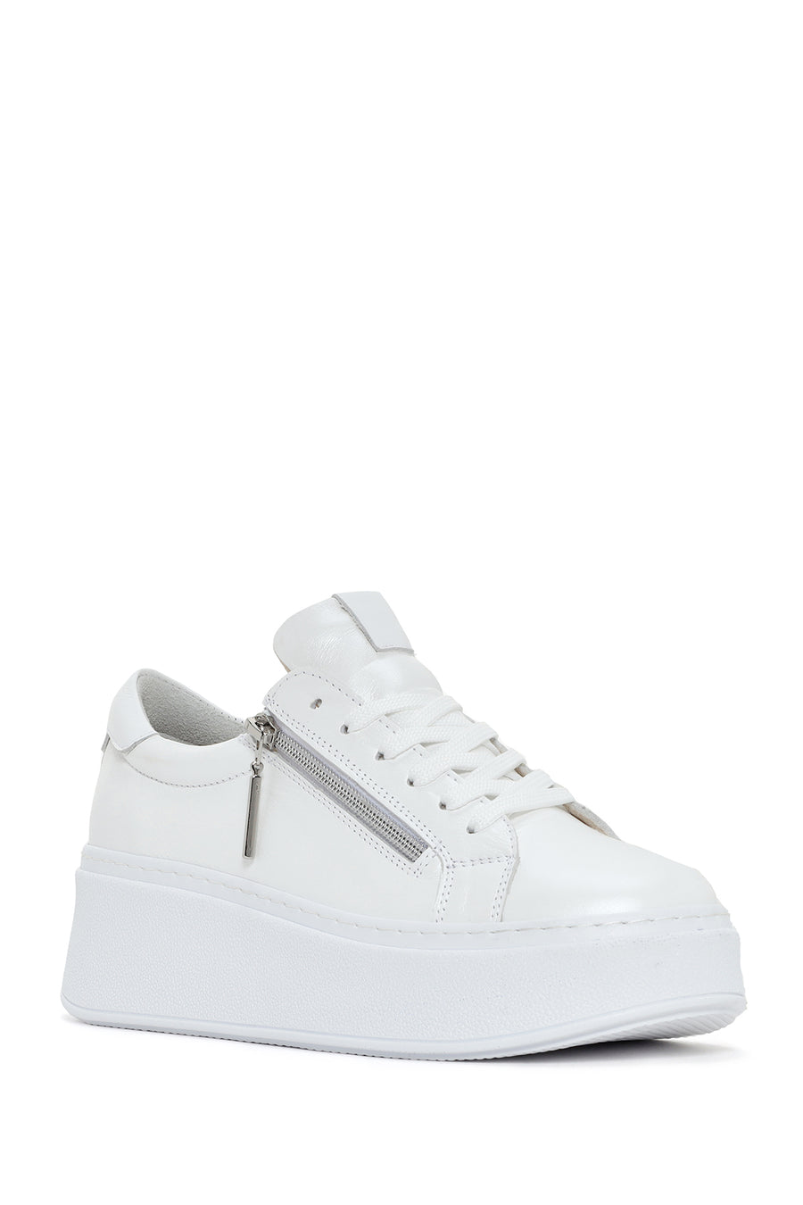 Kadın Beyaz Kalın Tabanlı Yandan Fermuarlı Deri Sneaker