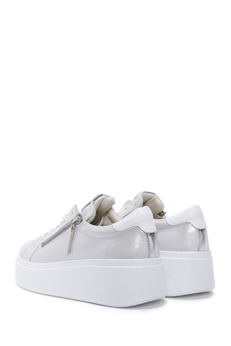 Kadın Gümüş Kalın Tabanlı Yandan Fermuarlı Deri Sneaker