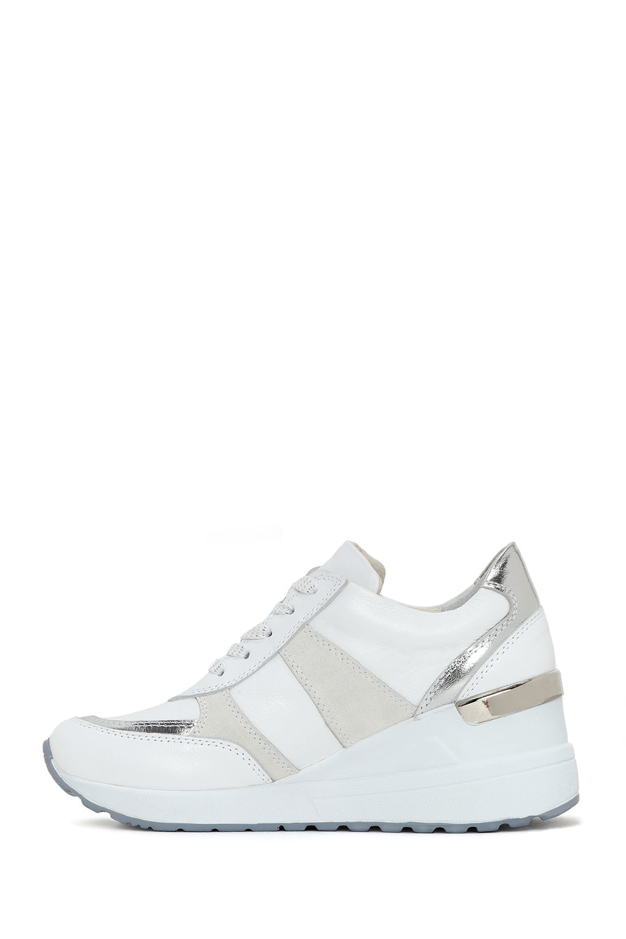 Women's White Wedge Heeled Side Zipper Suede Leather Sports Shoes
