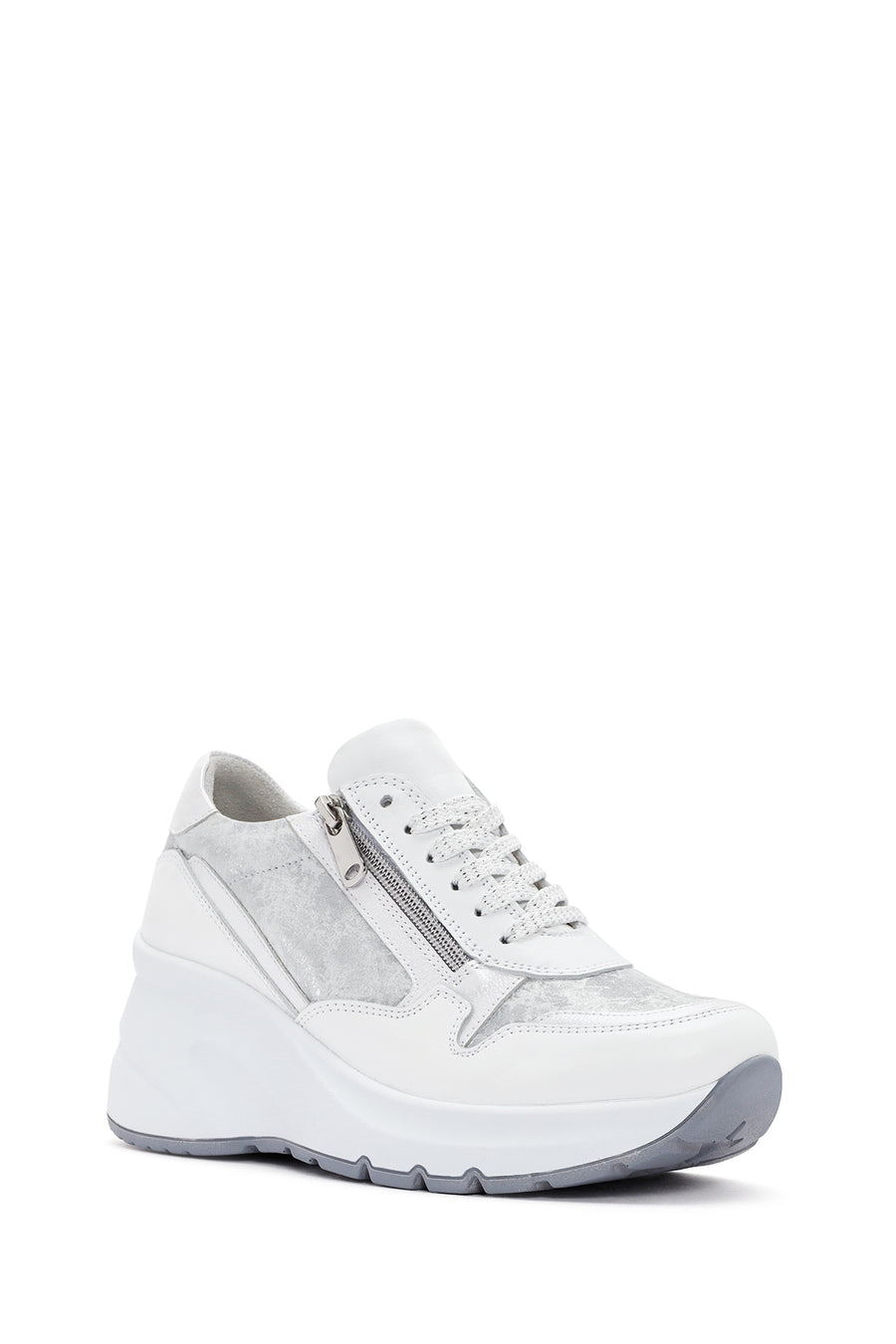 Kadın Beyaz Dolgu Topuklu Bağcıklı Deri Sneaker
