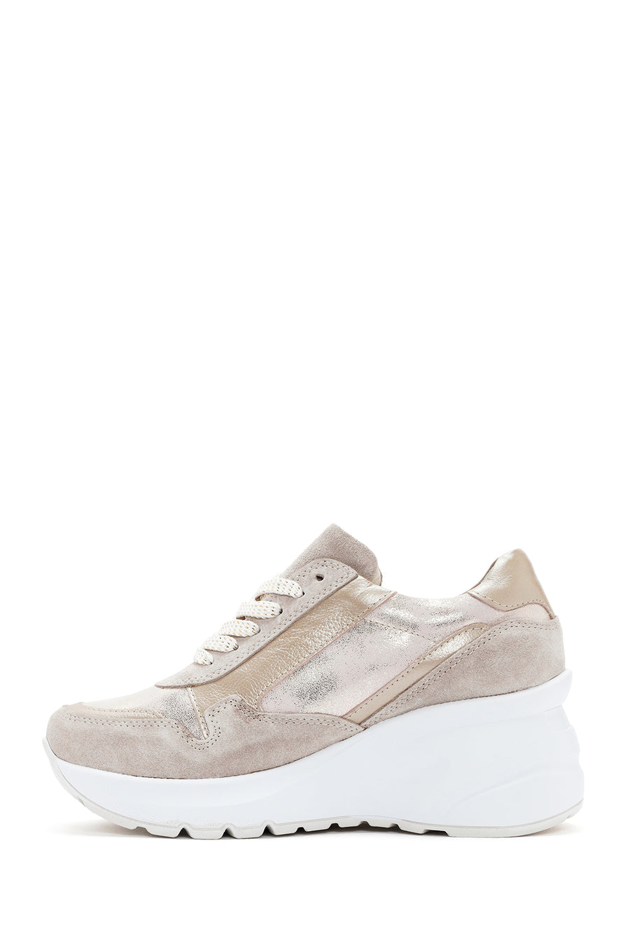 Kadın Bej Dolgu Topuklu Bağcıklı Deri Sneaker
