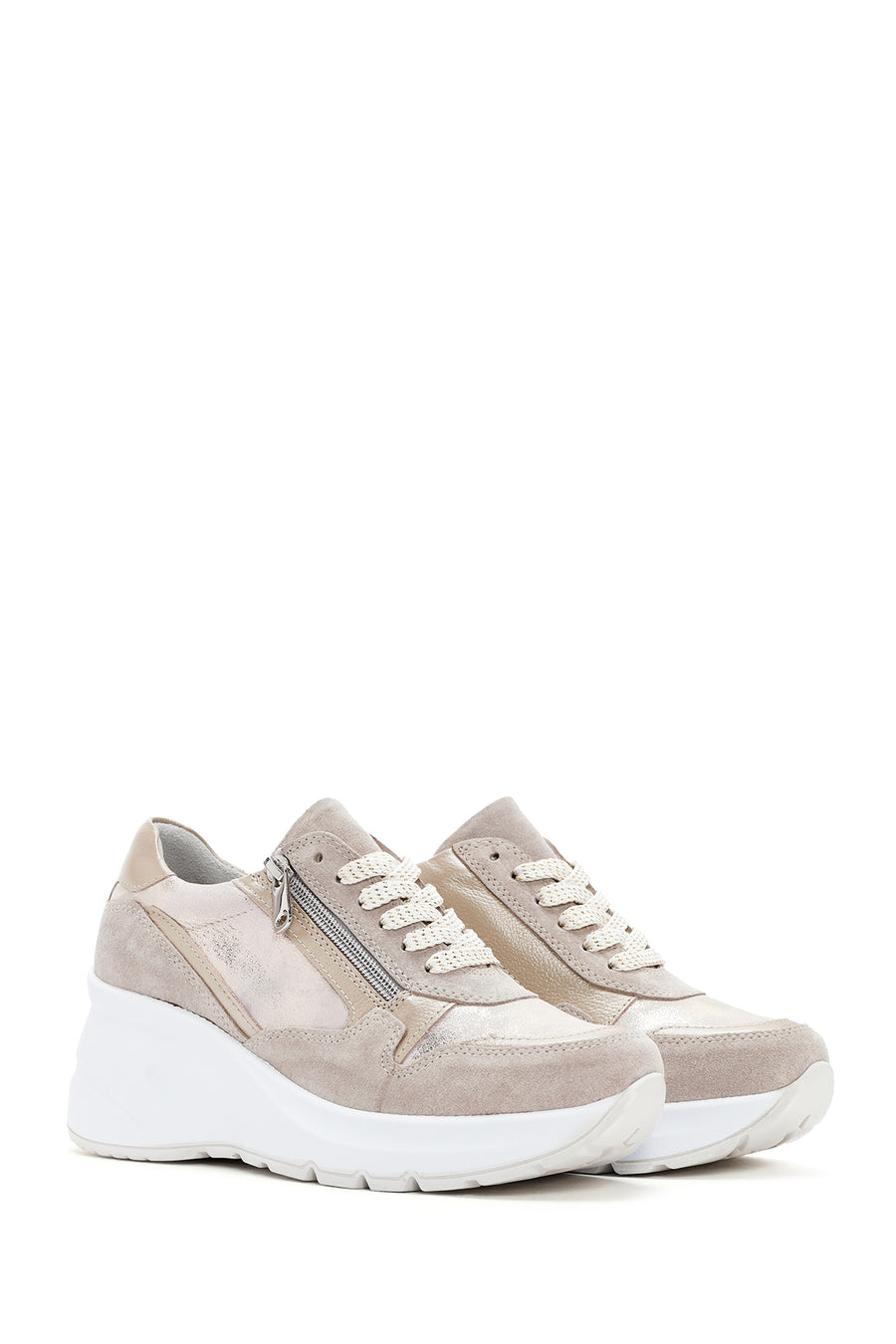 Kadın Bej Dolgu Topuklu Bağcıklı Deri Sneaker
