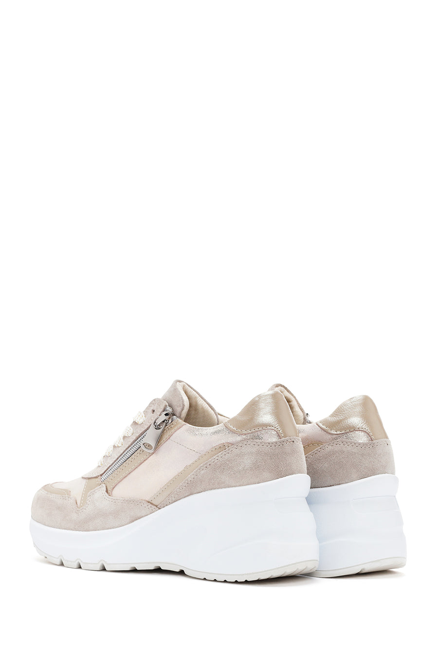 Kadın Bej Dolgu Topuklu Bağcıklı Deri Sneaker
