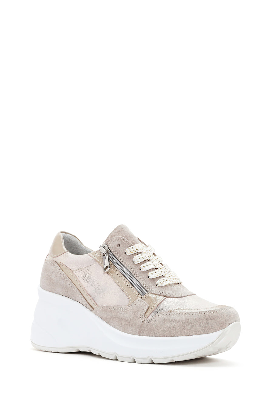 Kadın Bej Dolgu Topuklu Bağcıklı Deri Sneaker