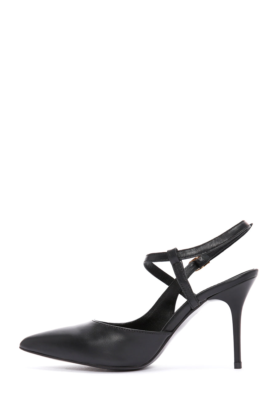 Women's Black Ankle Strap Thin Heeled Leather Shoes