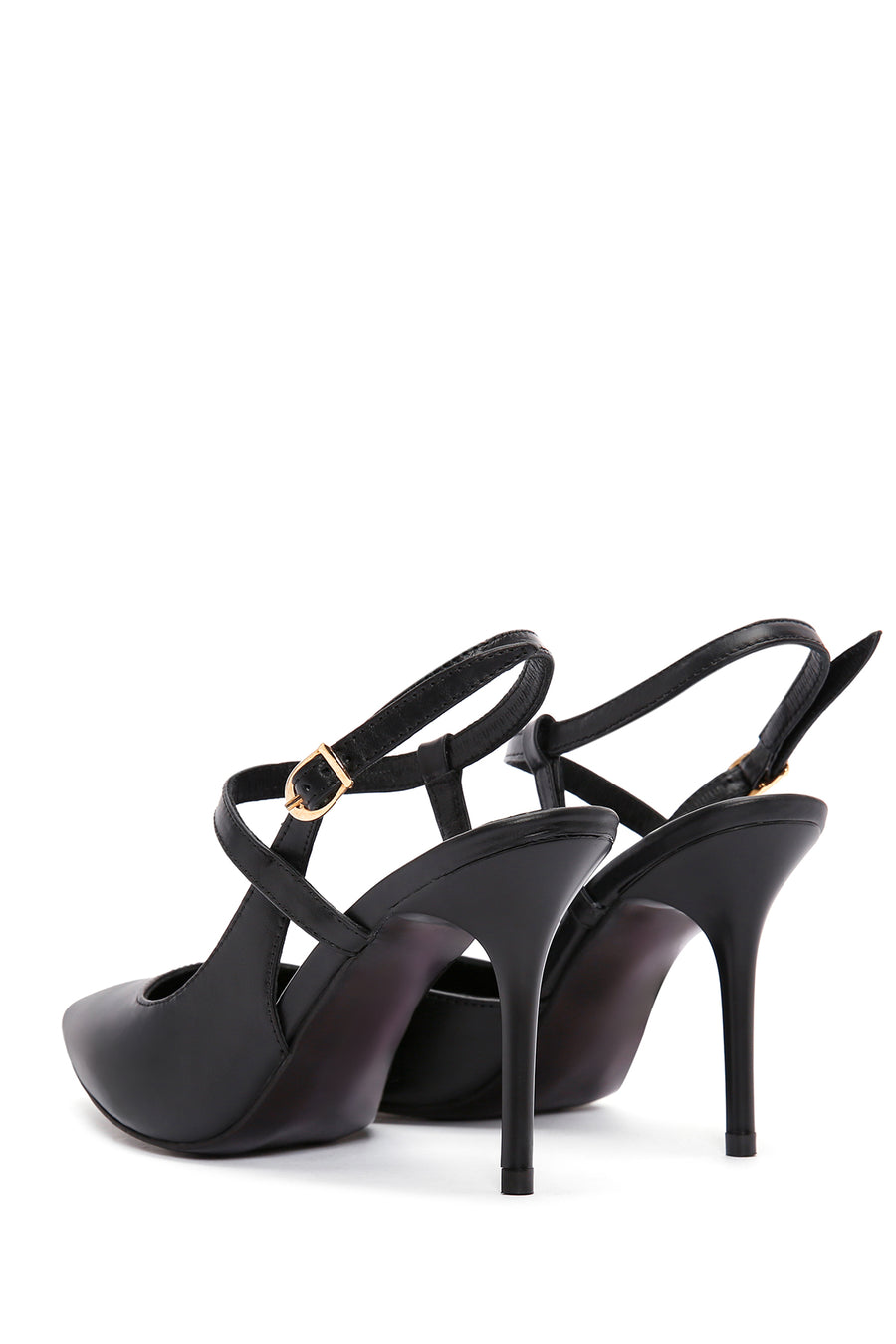 Women's Black Ankle Strap Thin Heeled Leather Shoes