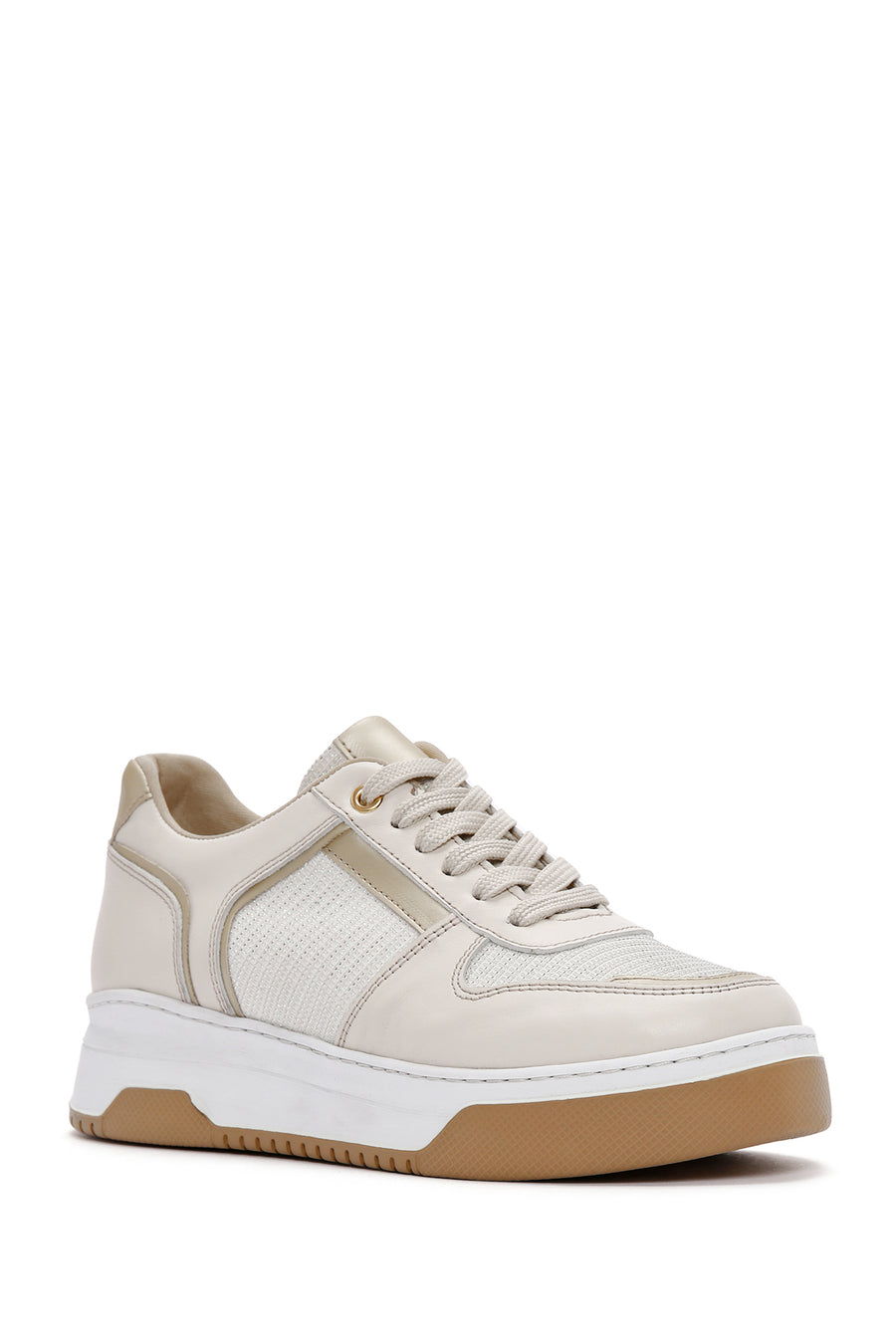 Kadın Bej Bağcıklı Kalın Tabanlı Deri Sneaker