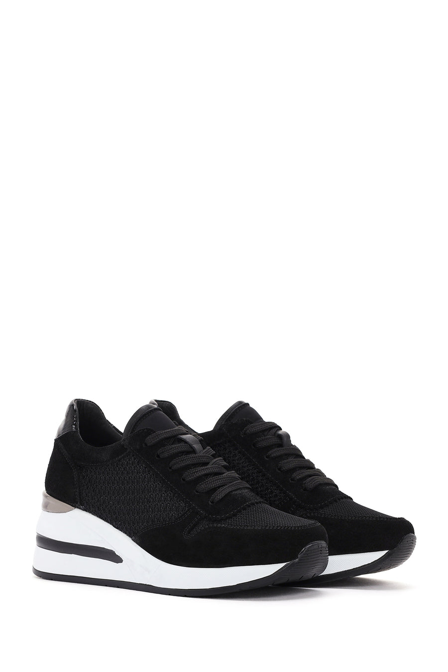 Kadın Siyah Kalın Topuklu Bağcıklı Deri Sneaker