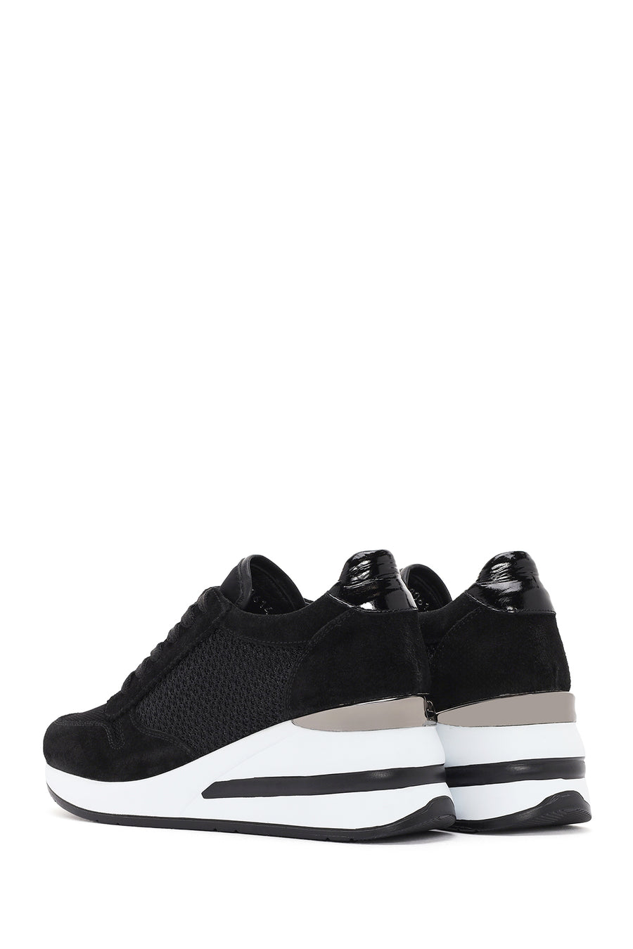 Kadın Siyah Kalın Topuklu Bağcıklı Deri Sneaker