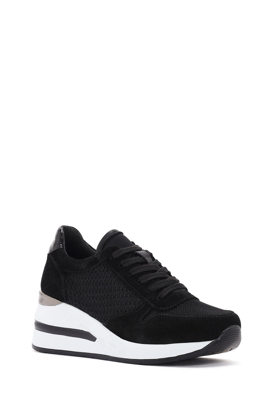 Kadın Siyah Kalın Topuklu Bağcıklı Deri Sneaker