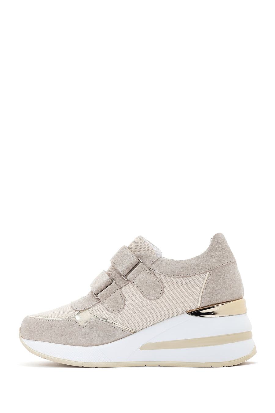 Kadın Bej Kalın Topuklu Bantlı Deri Sneaker