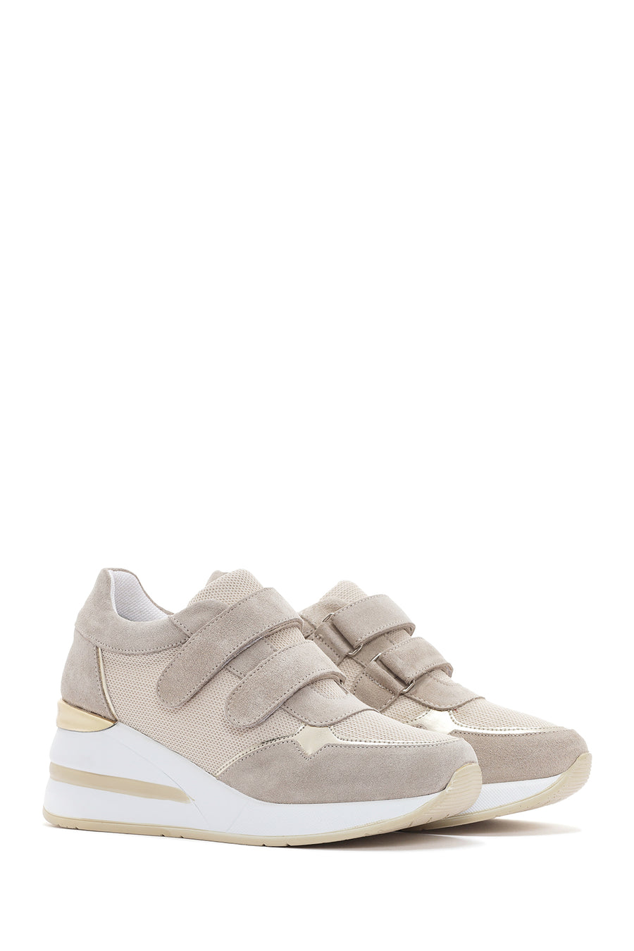 Kadın Bej Kalın Topuklu Bantlı Deri Sneaker