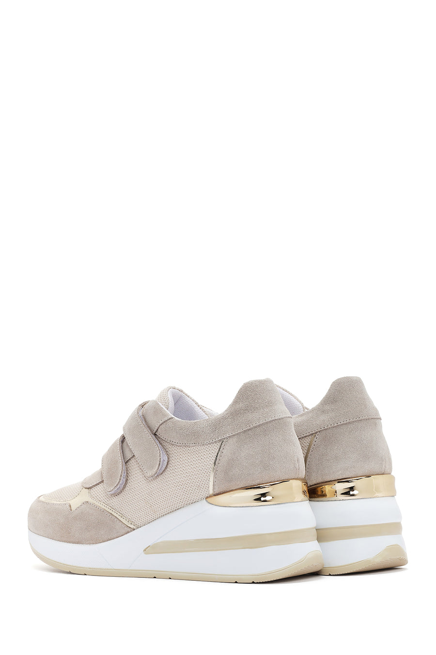 Kadın Bej Kalın Topuklu Bantlı Deri Sneaker