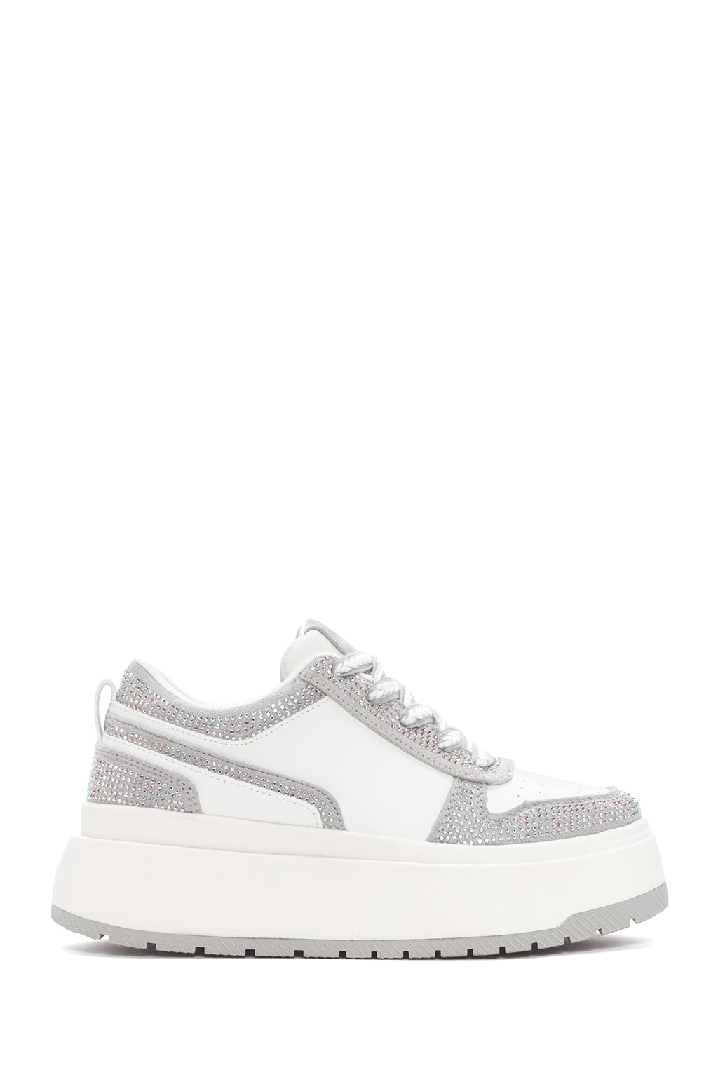 Kadın Beyaz Kalın Tabanlı Taşlı Bağcıklı Sneaker