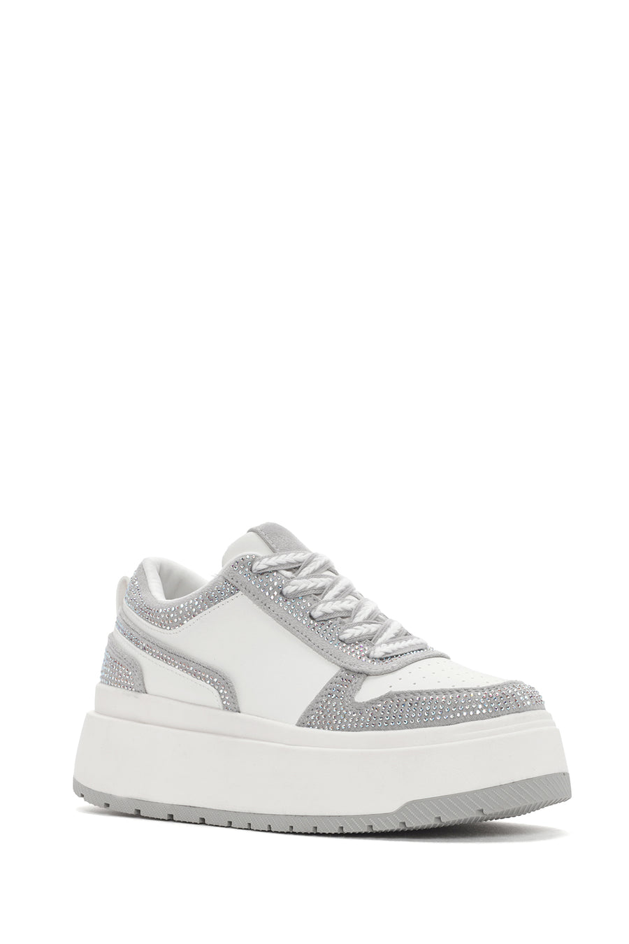 Kadın Beyaz Kalın Tabanlı Taşlı Bağcıklı Sneaker