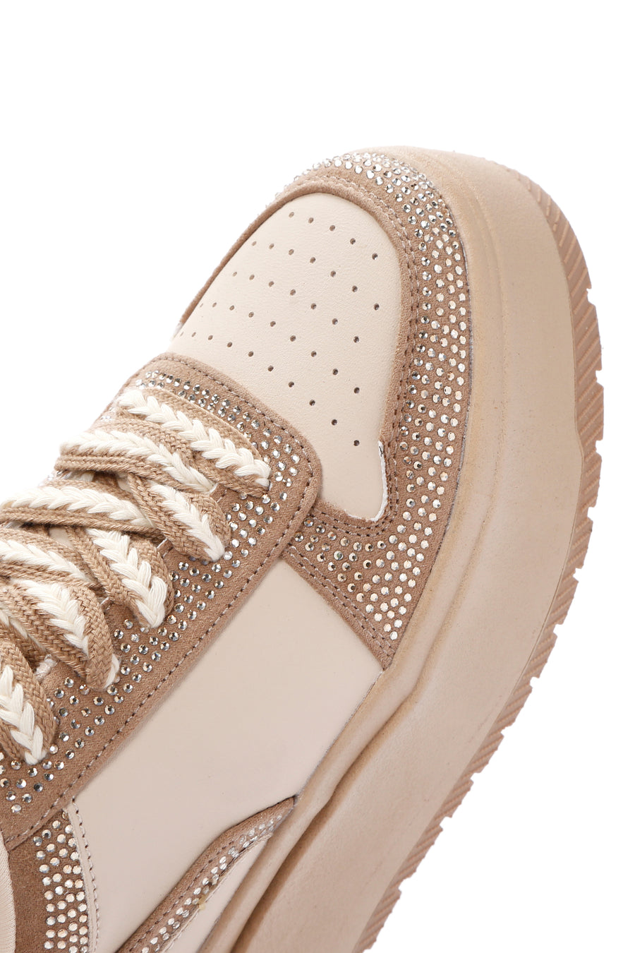 Kadın Bej Kalın Tabanlı Taşlı Bağcıklı Sneaker