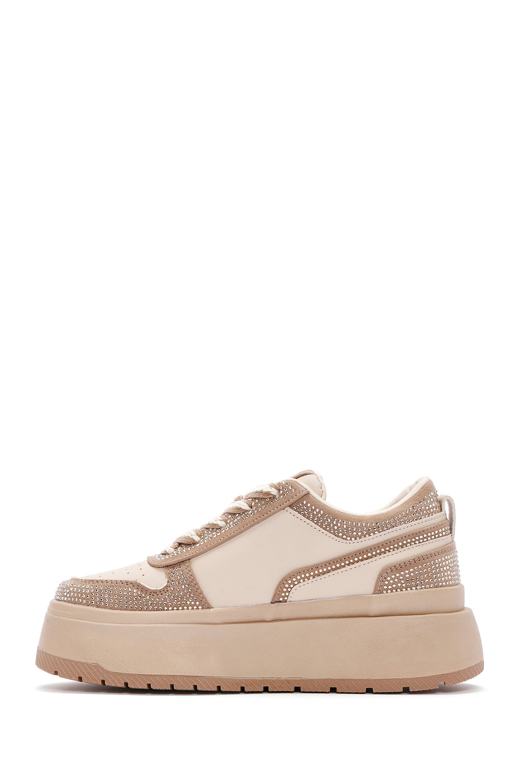 Kadın Bej Kalın Tabanlı Taşlı Bağcıklı Sneaker