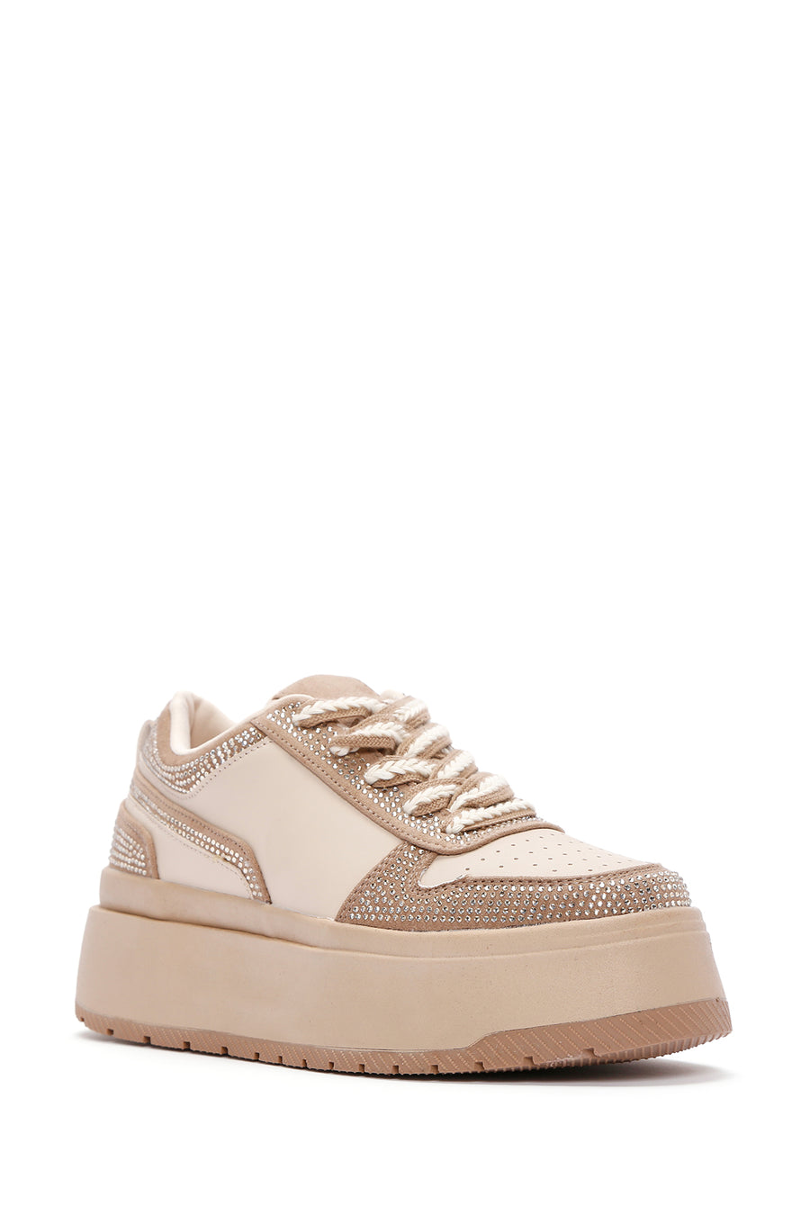 Kadın Bej Kalın Tabanlı Taşlı Bağcıklı Sneaker