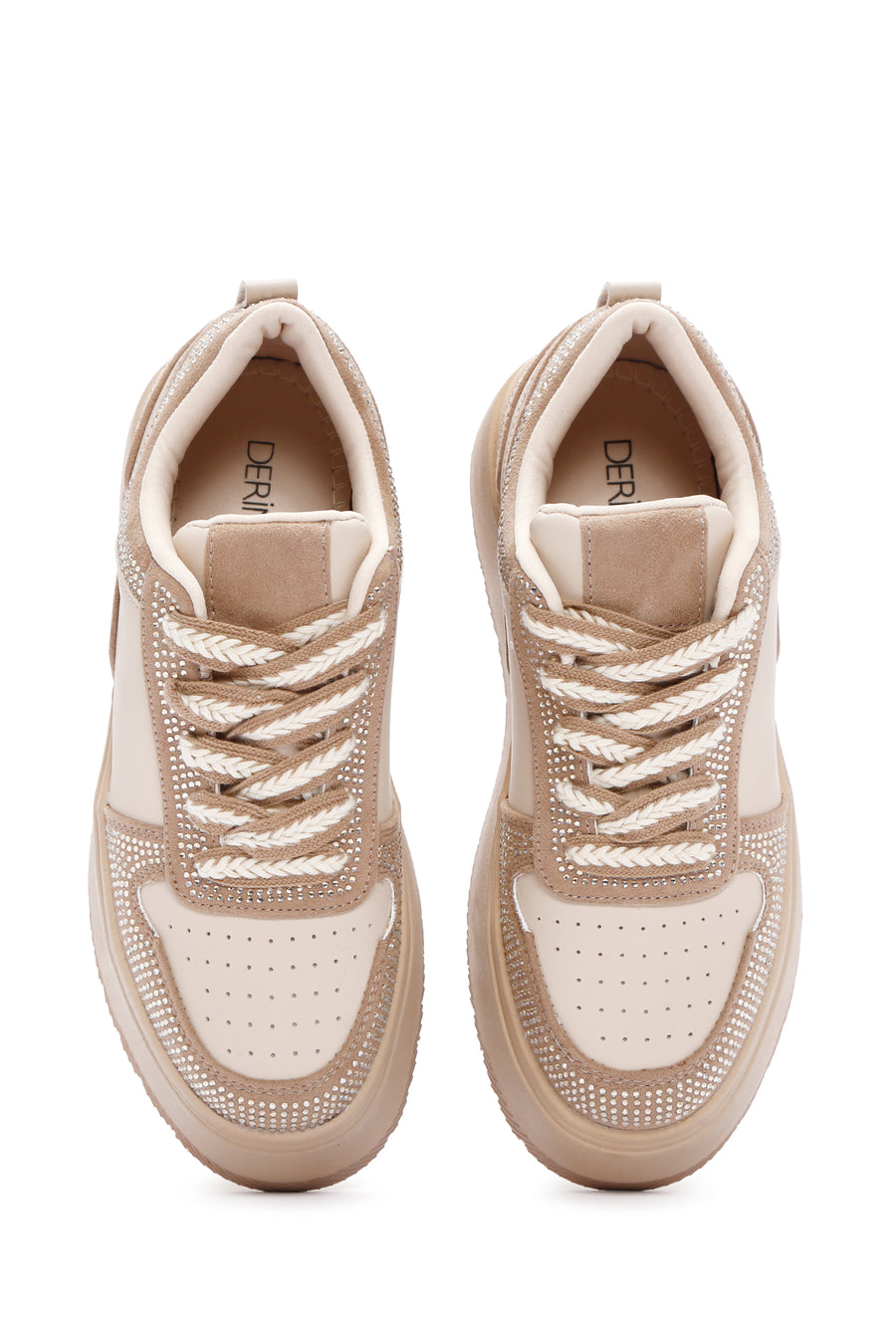 Kadın Bej Kalın Tabanlı Taşlı Bağcıklı Sneaker