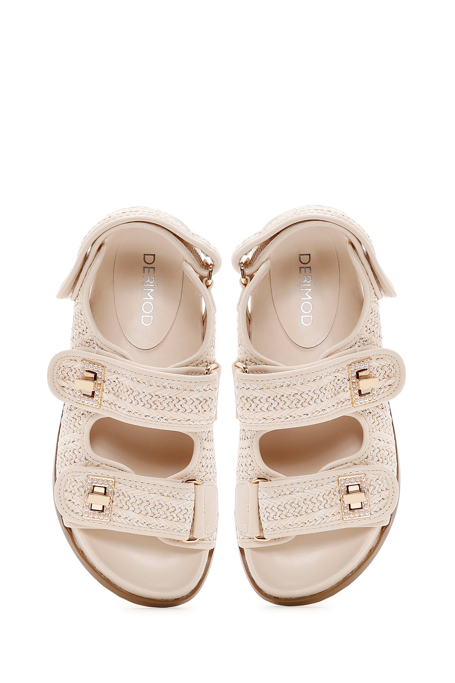 Women's Beige Ankle Strap Double Buckle Straw Sandals