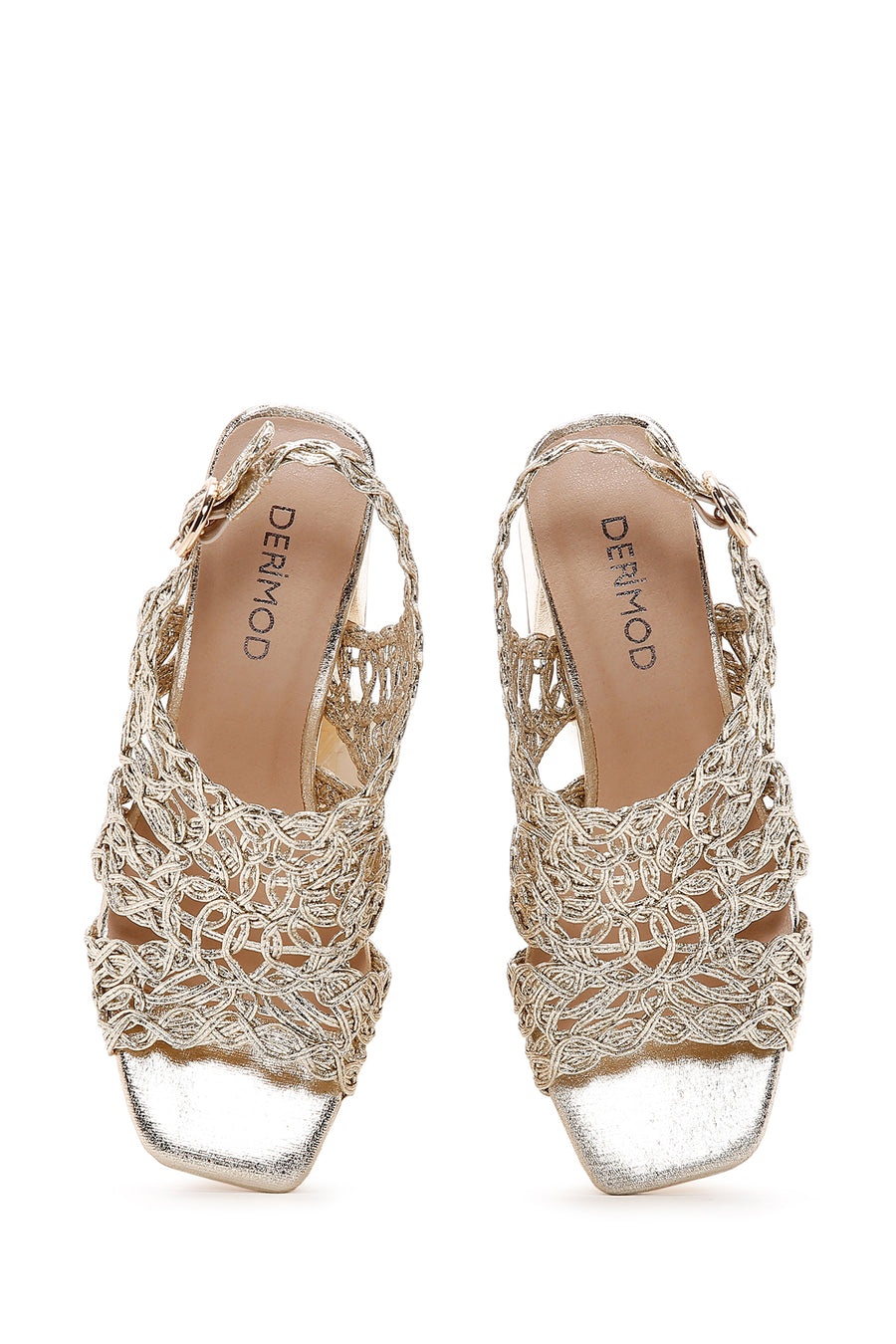 Women's Gold Ankle Strap Metallic Heeled Knit Pattern Sandals