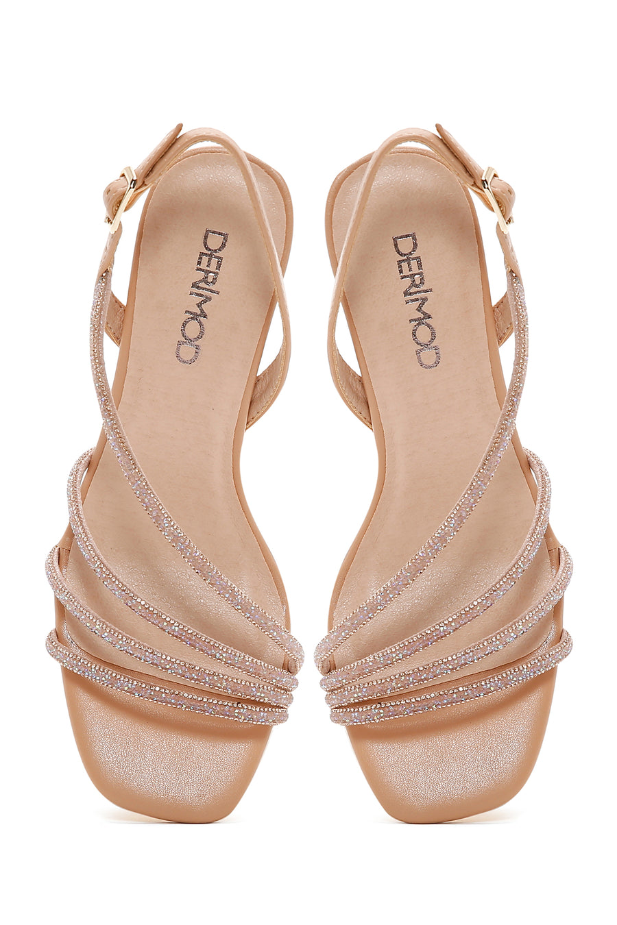 Women's Beige Ankle Strap Stone Thin Heel Sandals