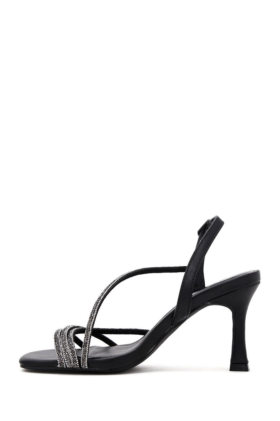Women's Black Ankle Strap Stone Thin Heel Sandals