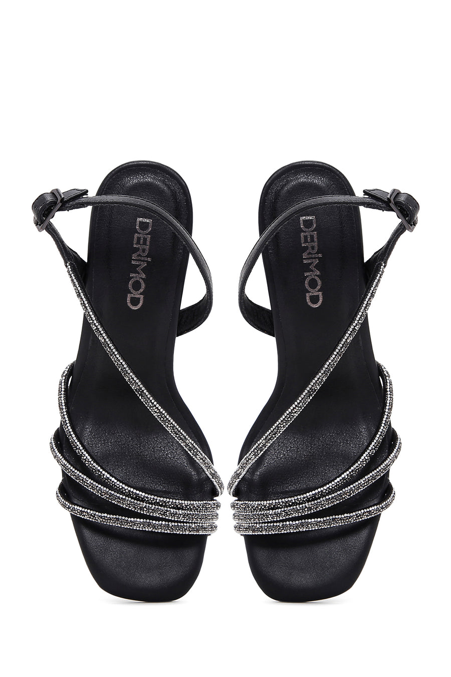 Women's Black Ankle Strap Stone Thin Heel Sandals