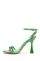 Women Green Ankle Strap Stone Embellished Thin Heel Sandals | Derimod