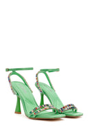 Women Green Ankle Strap Stone Embellished Thin Heel Sandals | Derimod