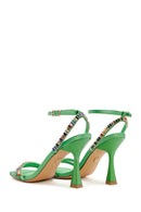 Women Green Ankle Strap Stone Embellished Thin Heel Sandals | Derimod