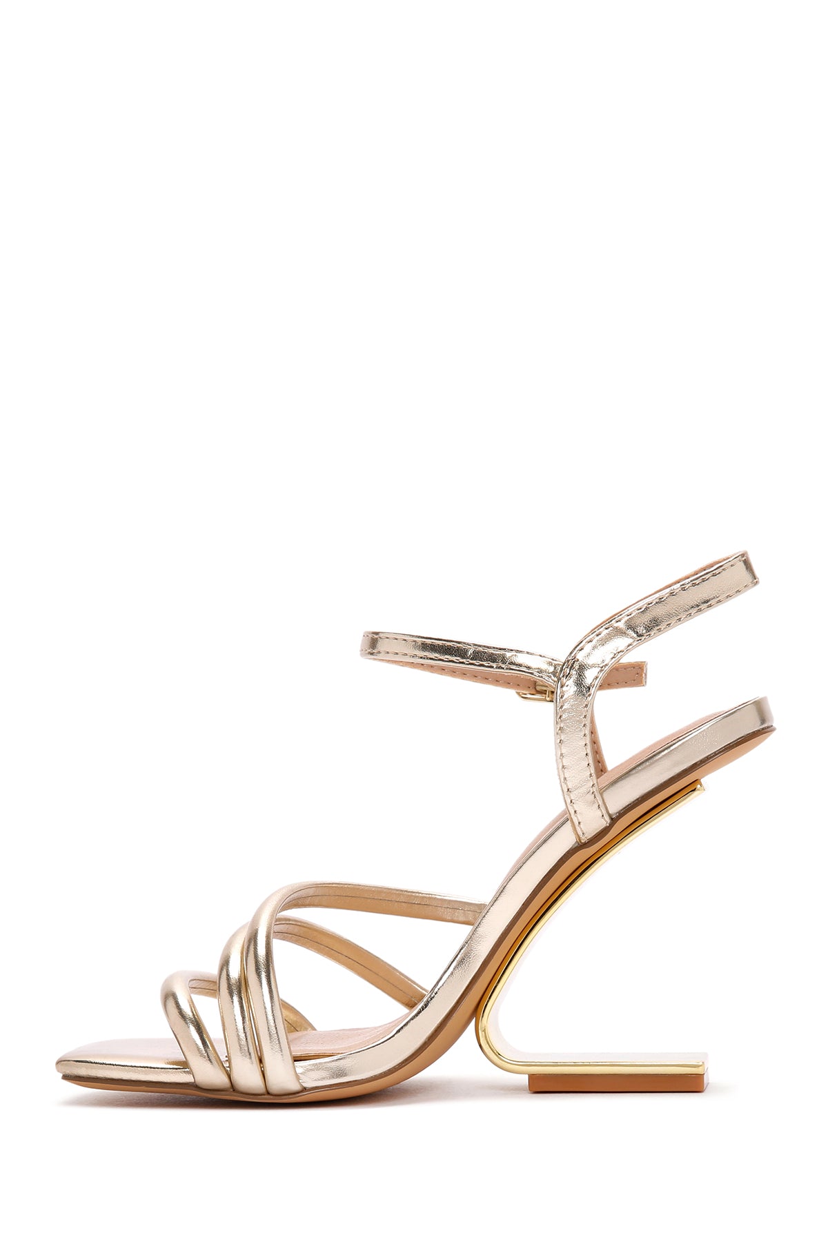 Kadın Altın Bilekten Bantlı Metalik Topuklu Sandalet
