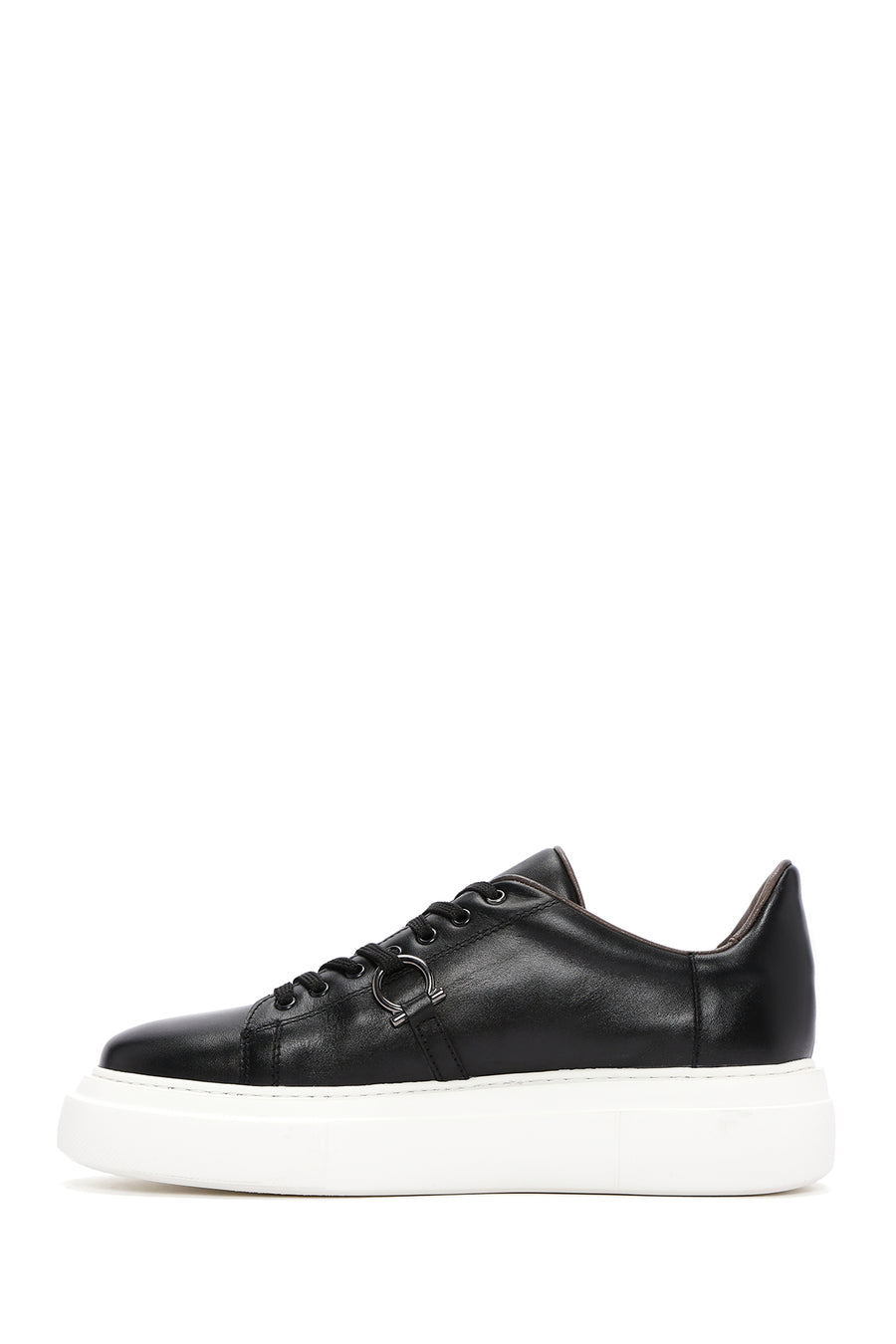 Men's Black Lace-up Thick-Sole Leather Sneaker
