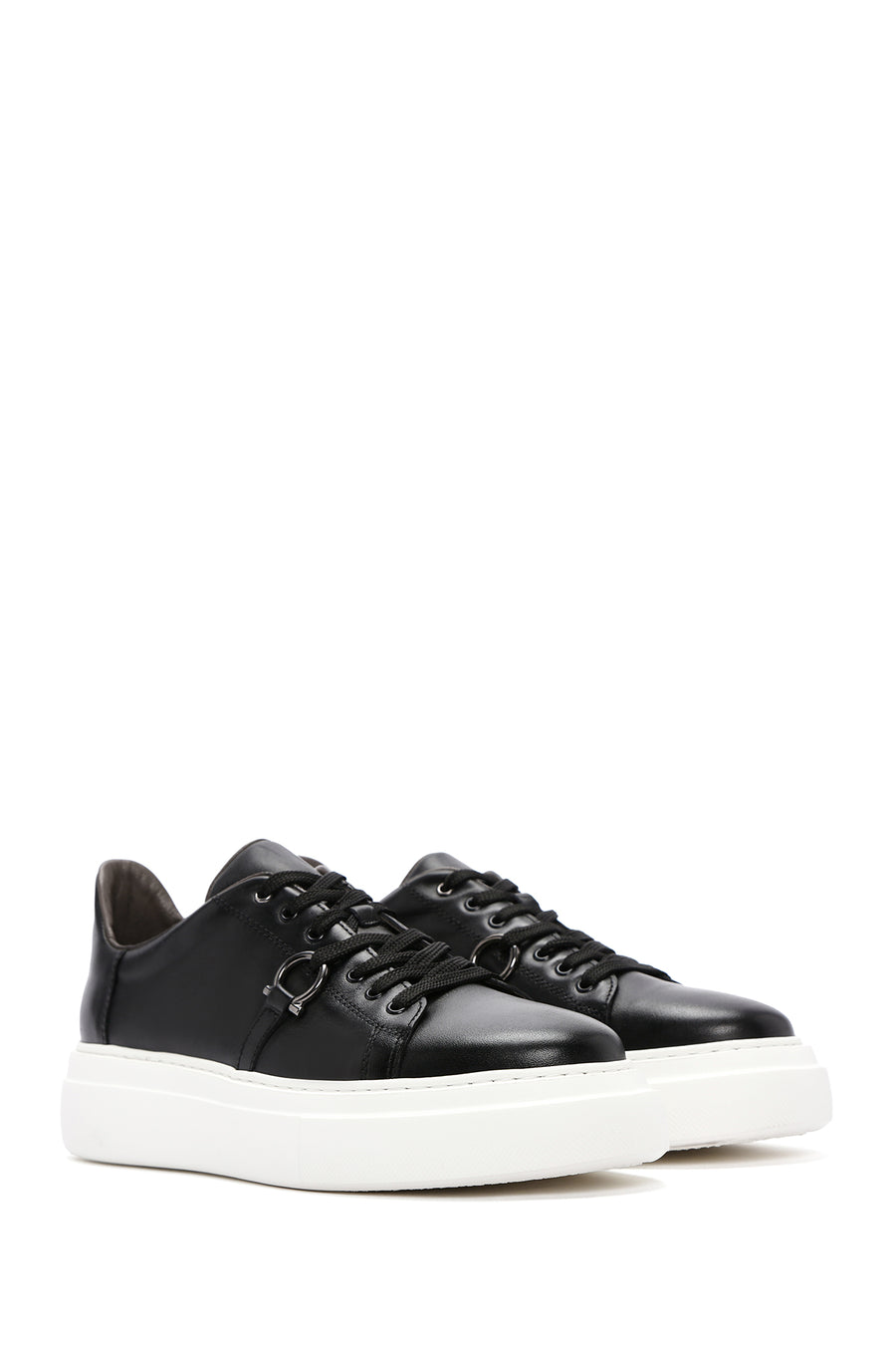 Men's Black Lace-up Thick-Sole Leather Sneaker