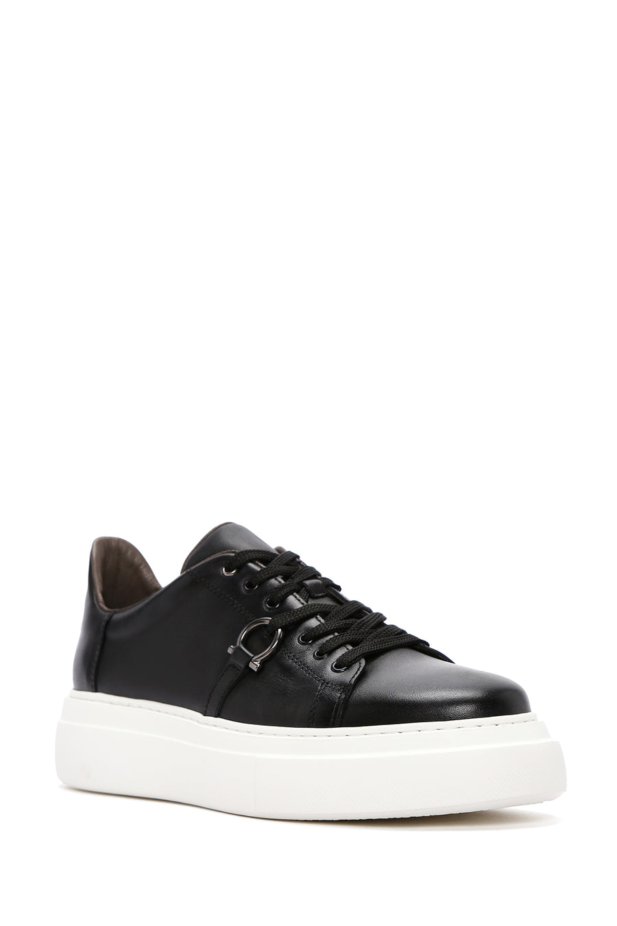 Men's Black Lace-up Thick-Sole Leather Sneaker