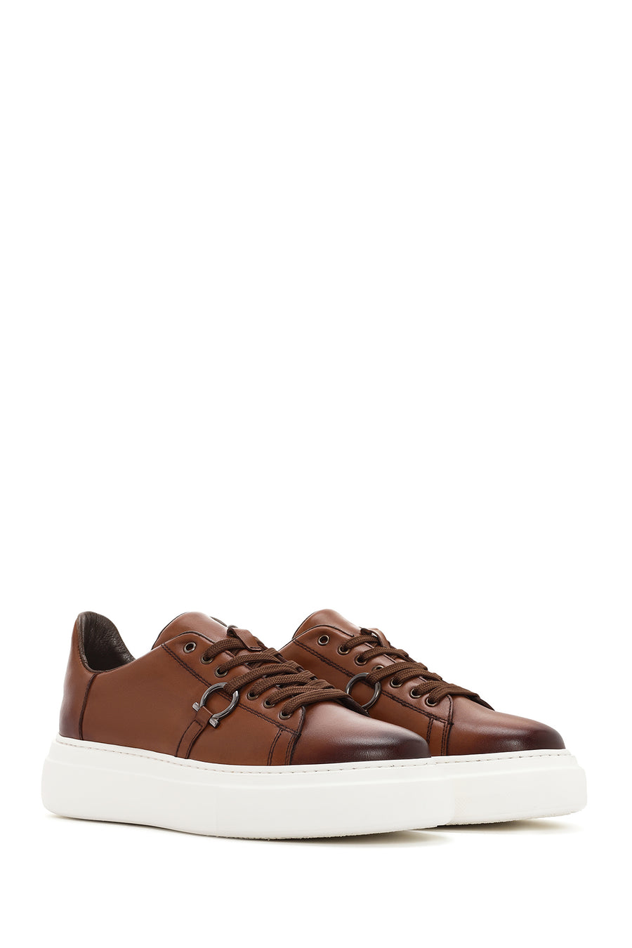 Men's Tan Lace-up Thick-Sole Leather Sneaker