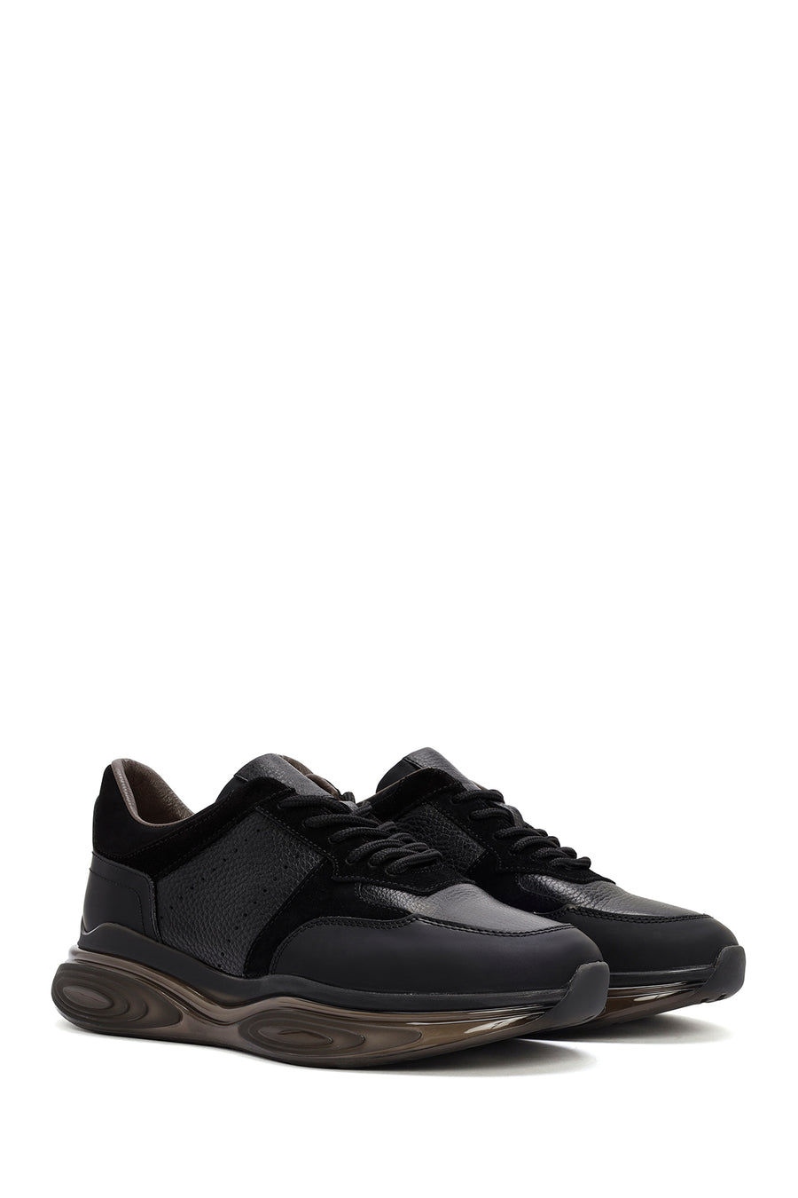 Erkek Siyah Kalın Tabanlı Bağcıklı Deri Casual Sneaker
