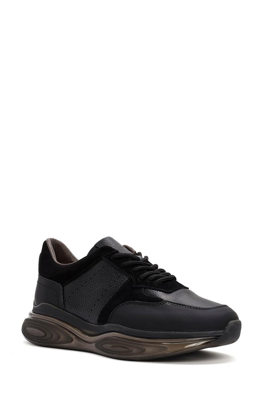 Erkek Siyah Kalın Tabanlı Bağcıklı Deri Casual Sneaker