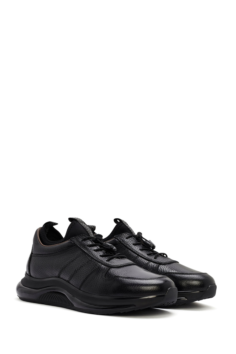 Men's Black Lace-up Thick-Sole Leather Sneaker