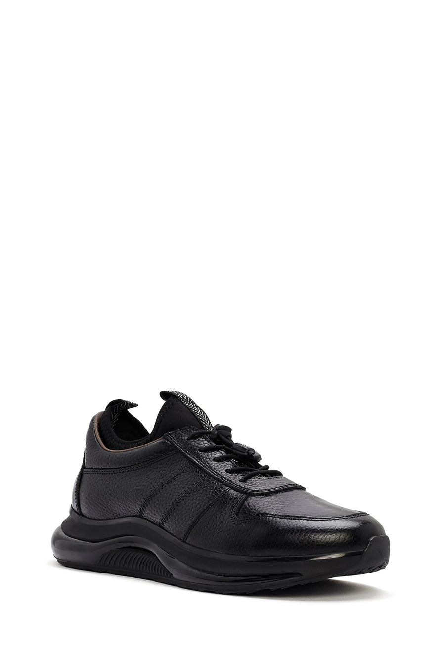 Men's Black Lace-up Thick-Sole Leather Sneaker