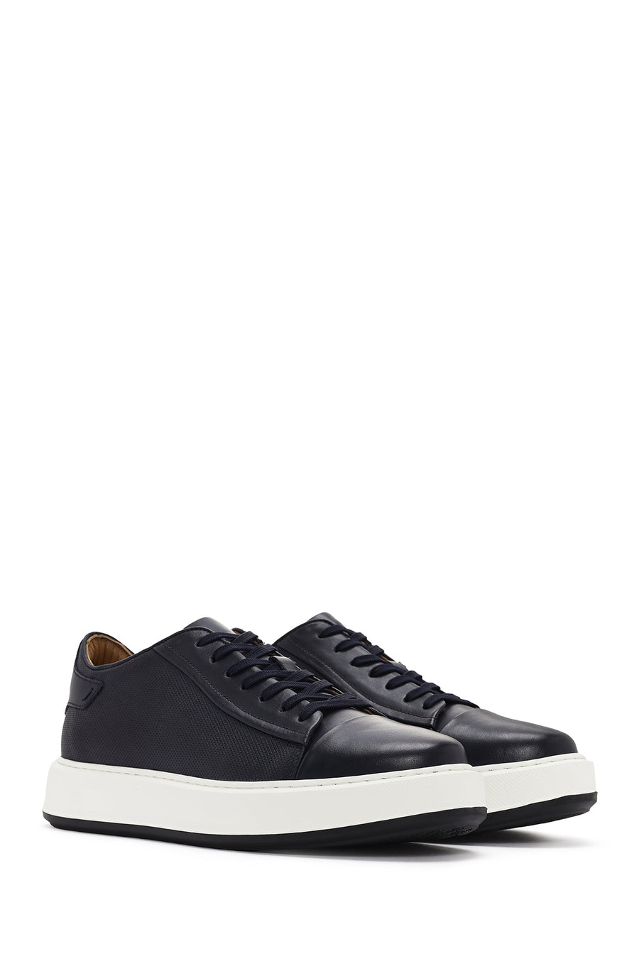 Erkek Lacivert Bağcıklı Kalın Tabanlı Deri Sneaker