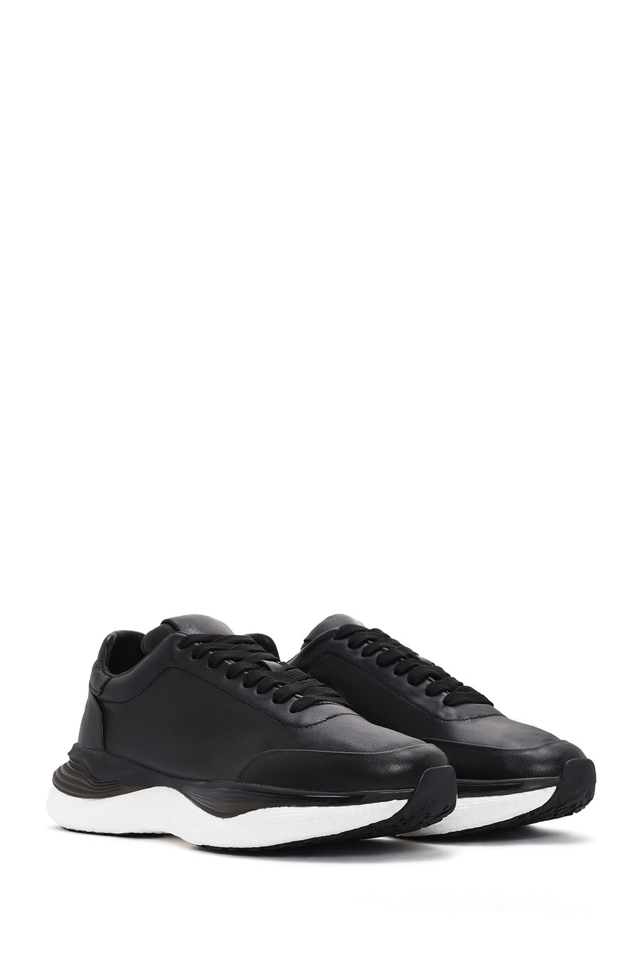 Erkek Siyah Bağcıklı Kalın Tabanlı Deri Sneaker